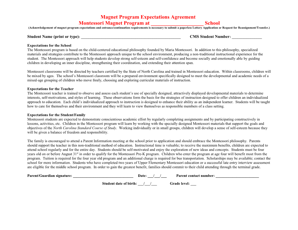 Magnet Program Expectations Agreement