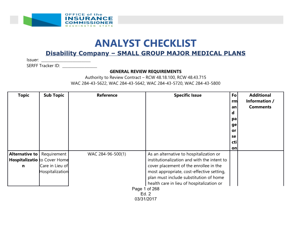 2018 Forms Checklist Disability Small Group Analyst Checklist