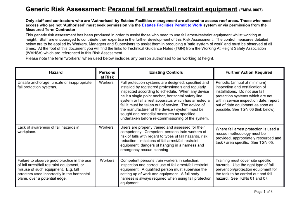 1St Draft Risk Assessment for Use Of: Working on Roofs (FMRA 0006)