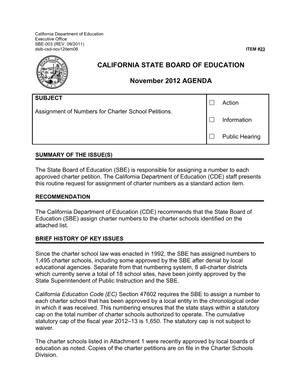 November 2012 Agenda Item 23 - Meeting Agendas (CA State Board of Education)