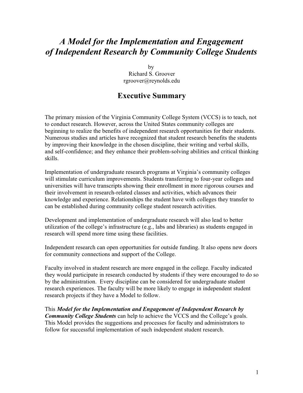 Chancellor S Commonwealth Professorship Project Summary
