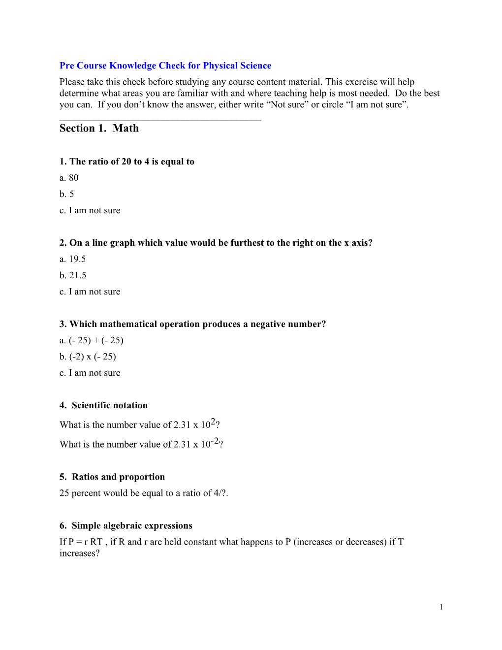 Pre Course Knowledge Check for Physical Science