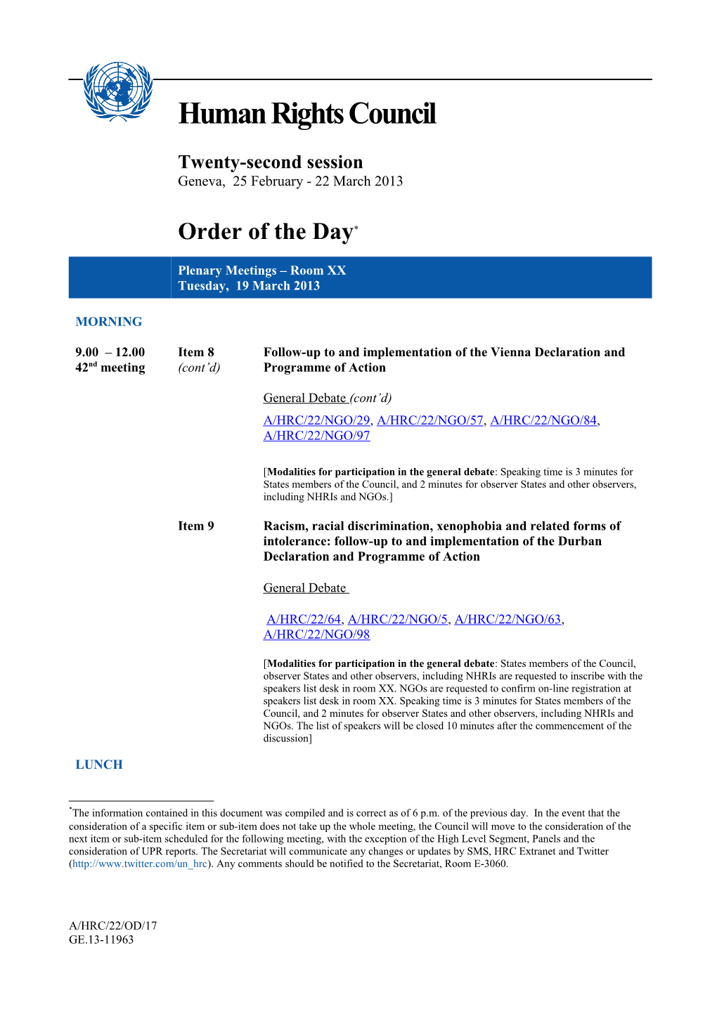 Information Note for Ease of Reference on Speaking Time Arrangements