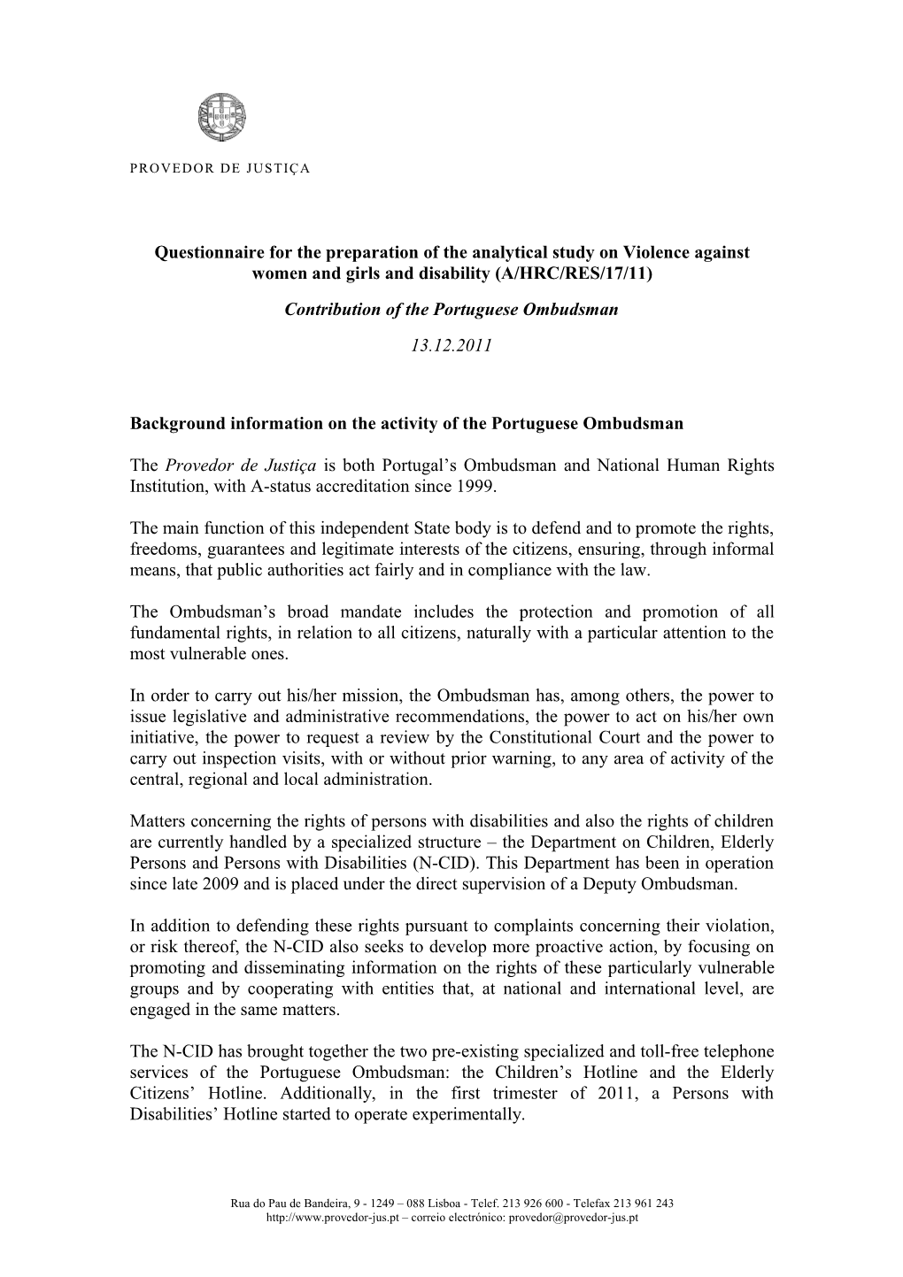 Draft Questionnaire for the Preparation of the OHCHR Analytical Thematic Study on Violence