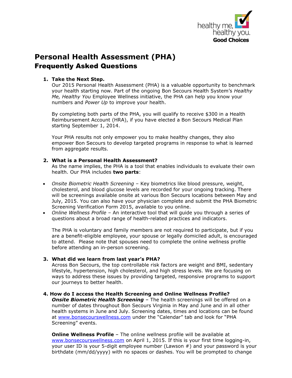 Personal Health Assessment (PHA)