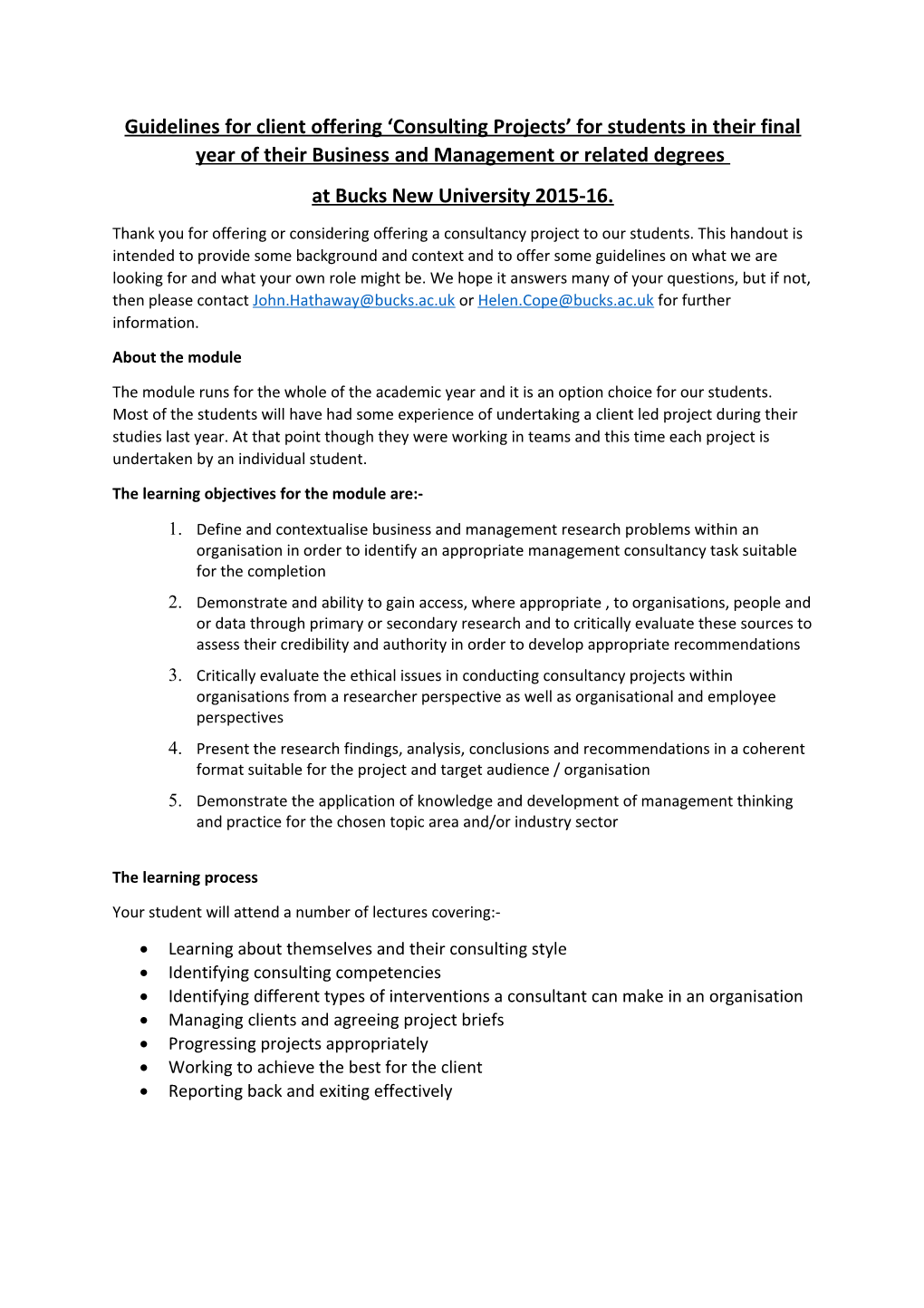 Guidelines for Client Offering Consulting Projects for Students in Their Final Year Of