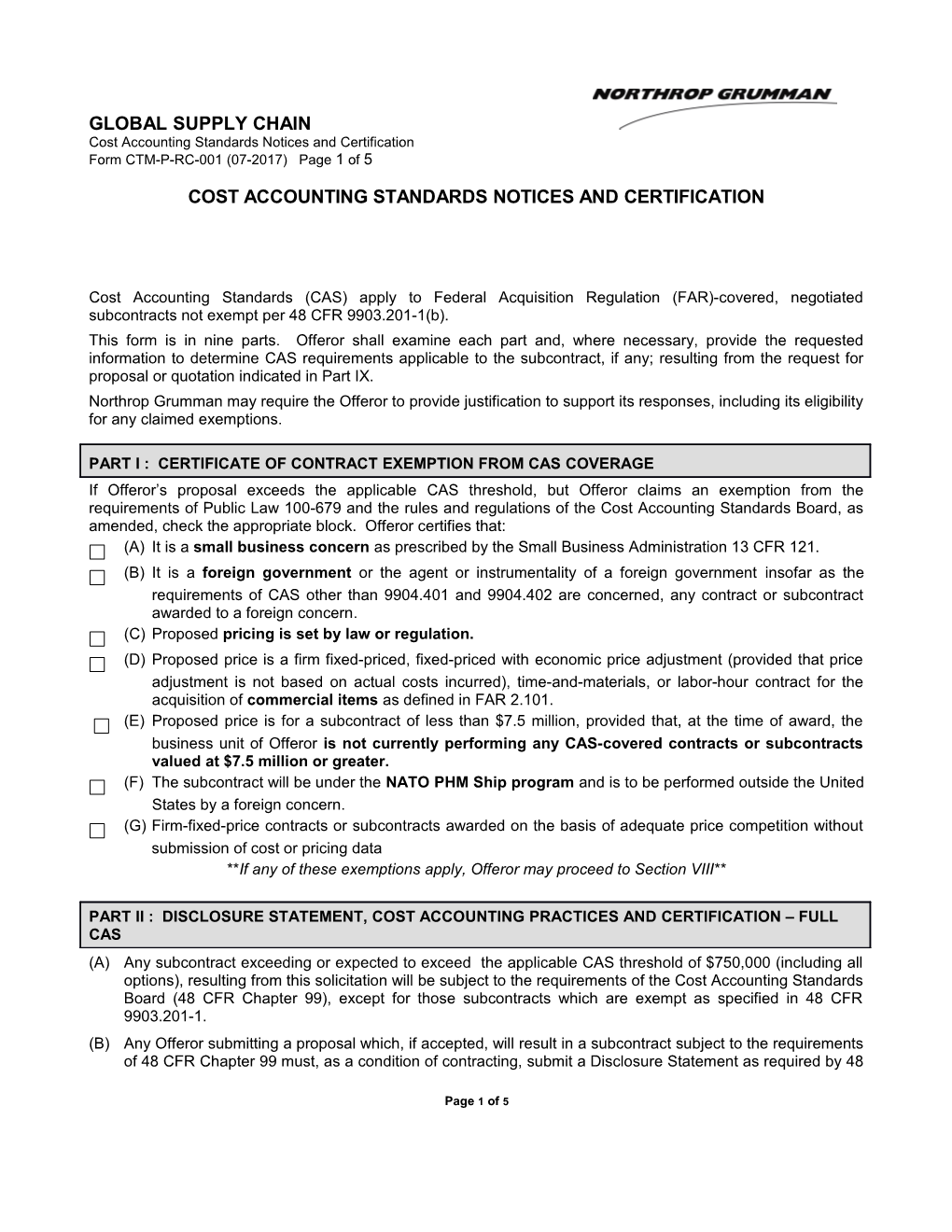 Cost Accounting Standard Notices and Certification