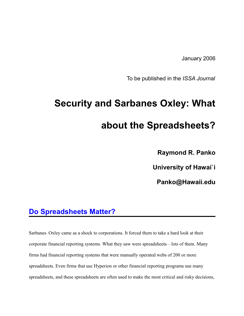 Security and Sarbanes Oxley: What About the Spreadsheets?