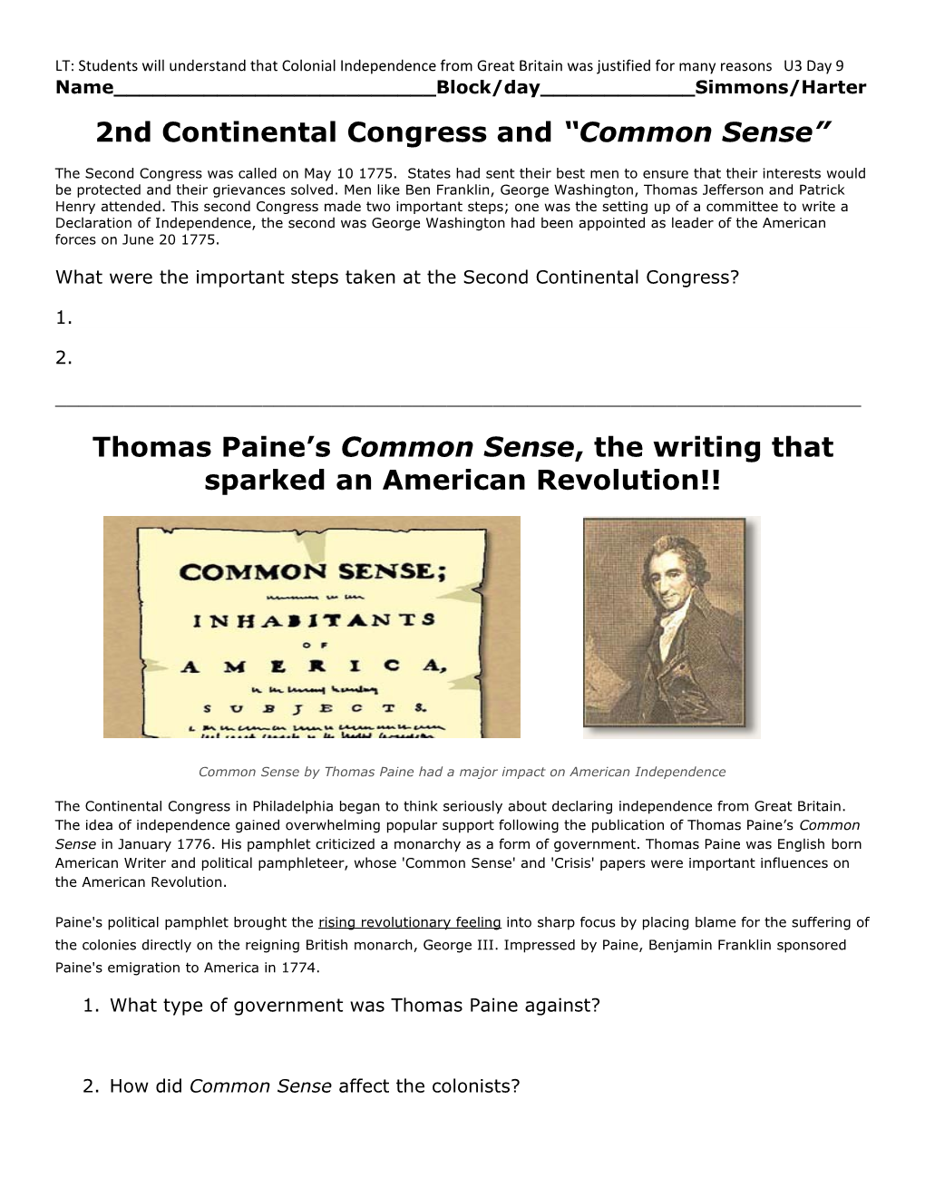 2Nd Continental Congress and Common Sense