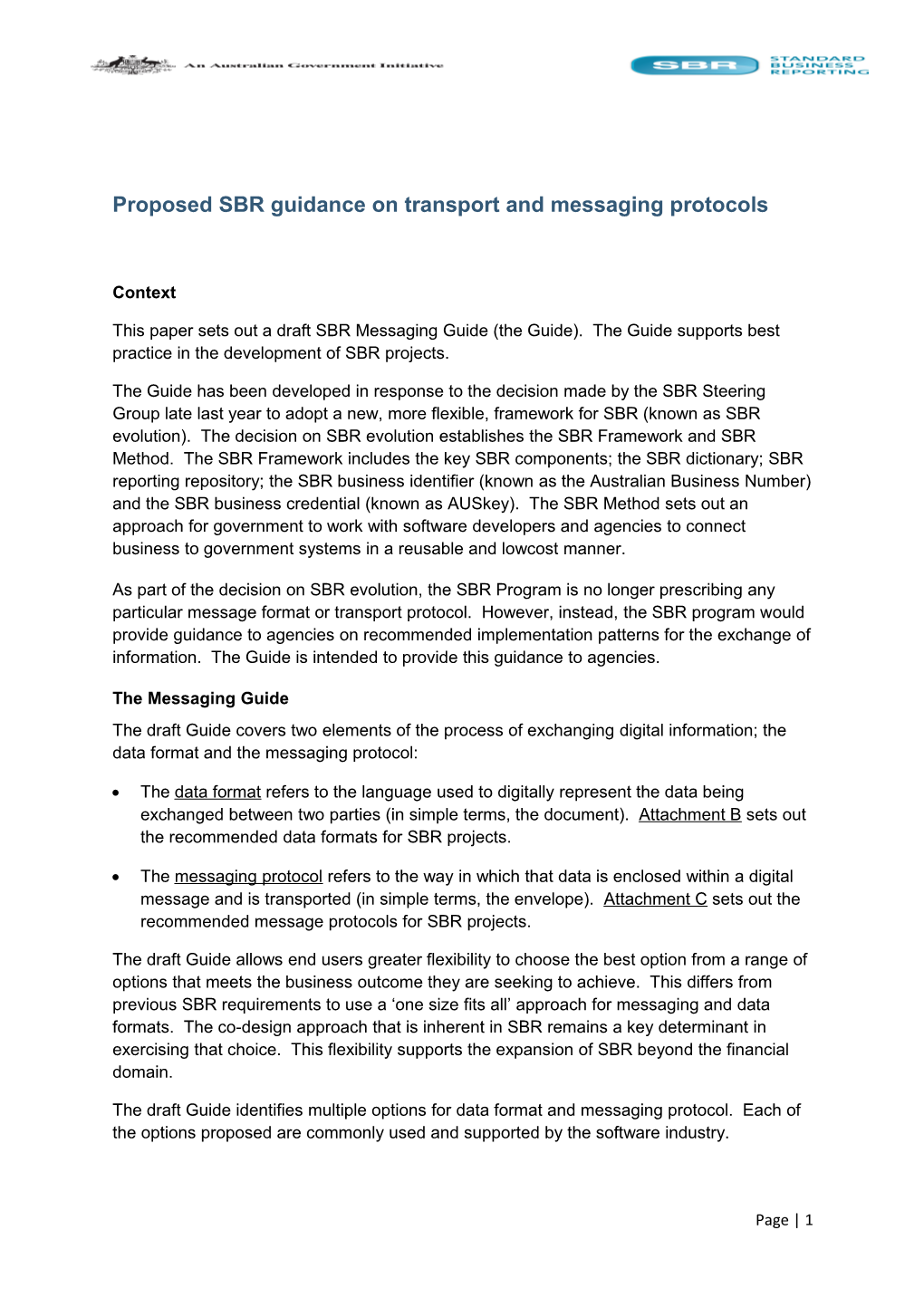 Proposed SBR Guidance on Transport and Messaging Protocols