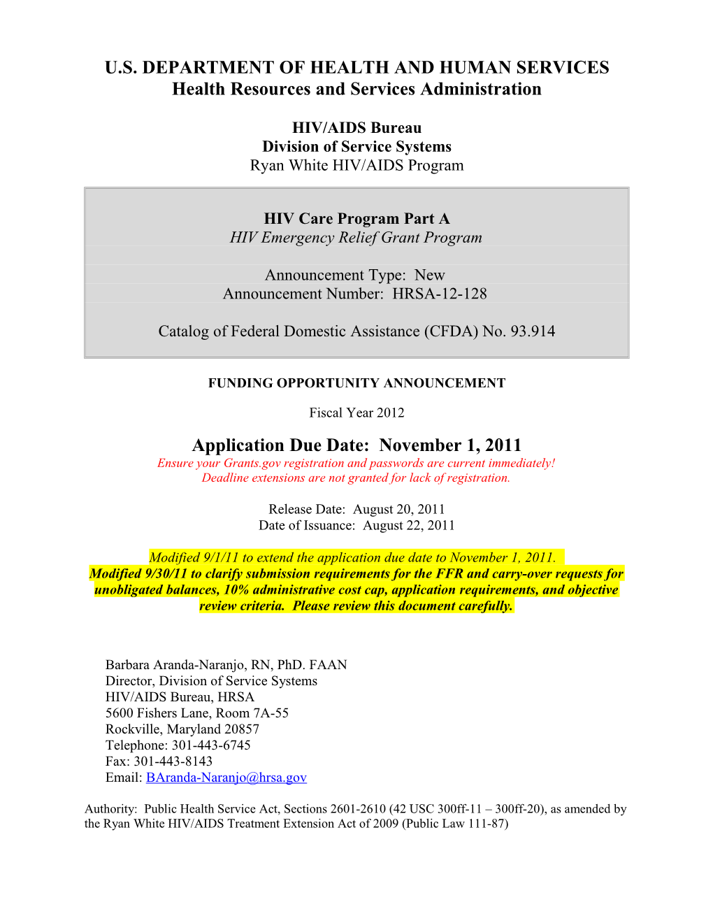 Funding Opportunity Announcement HRSA-12-128