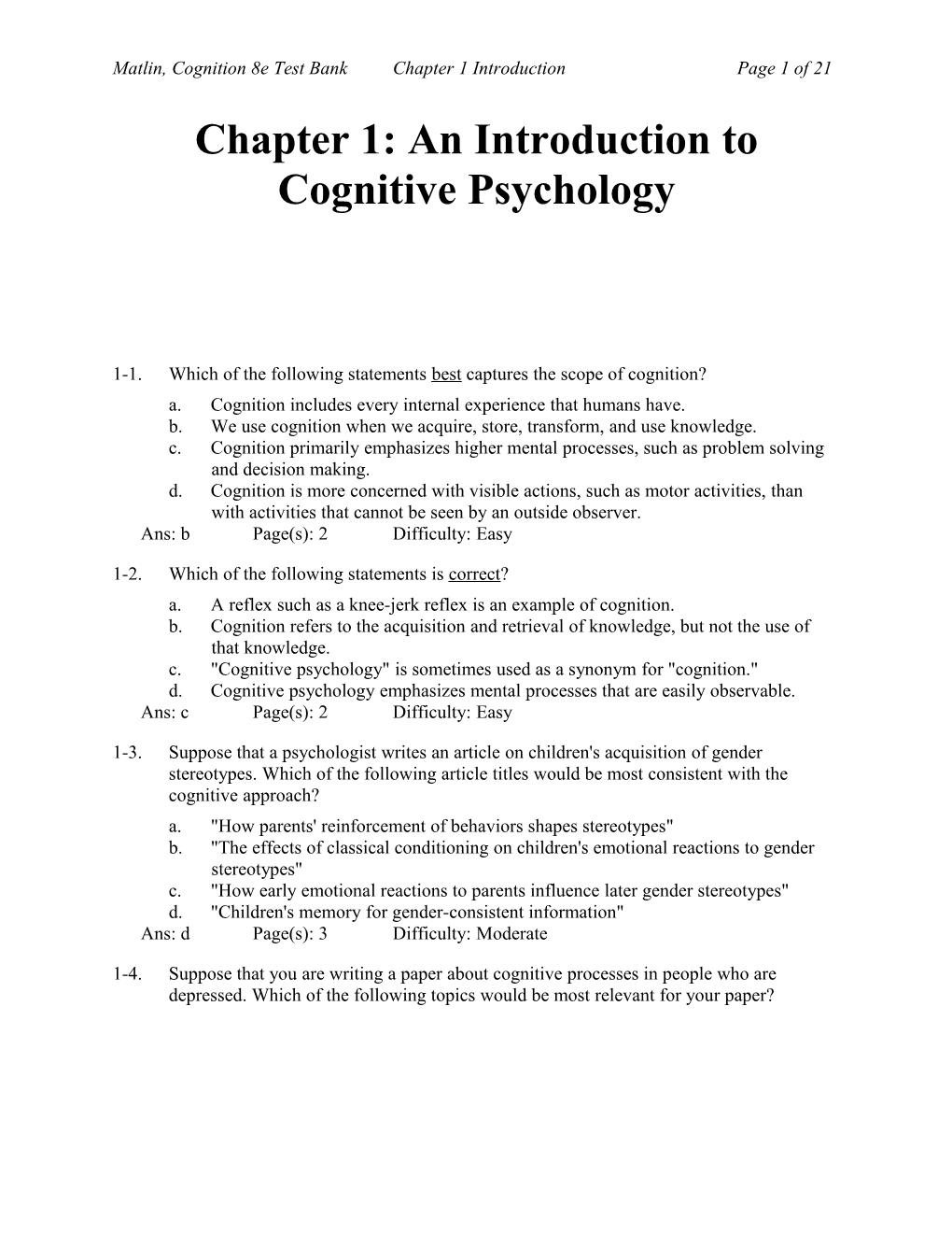 Chapter 1: an Introduction to Cognitive Psychology