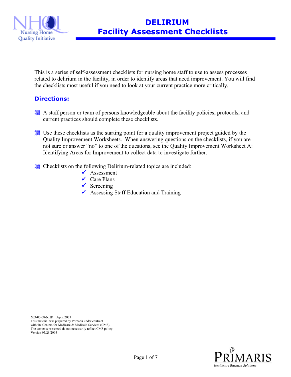 Facility Assessment Checklists: Pressure Ulcers