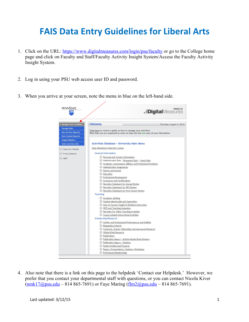 FAIS Data Entry Guidelines for Liberal Arts