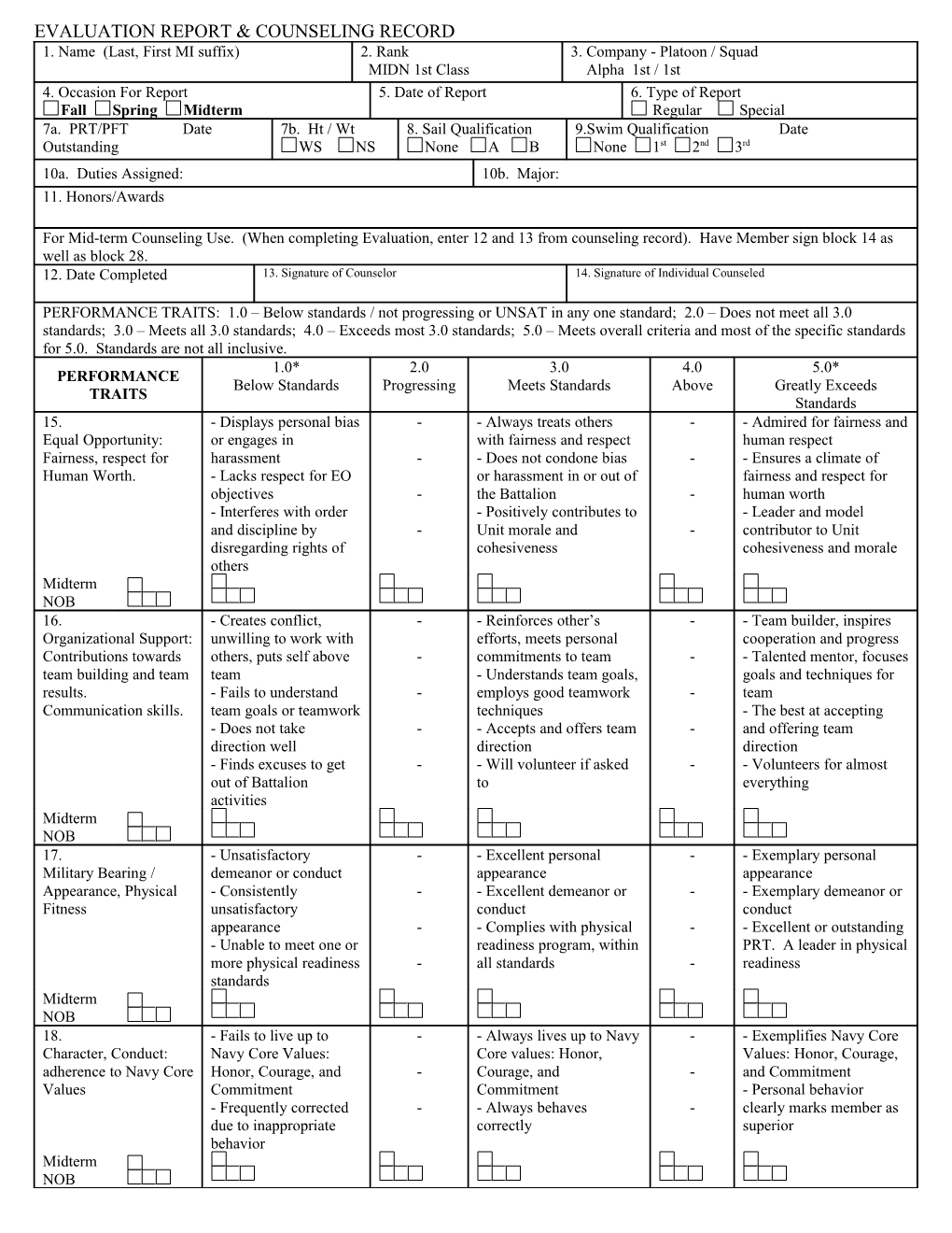 Evaluation Report & Counseling Record