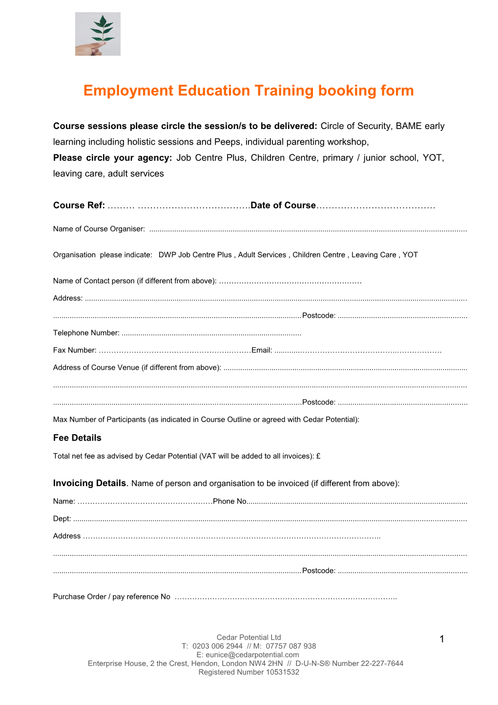 Employment Education Training Booking Form
