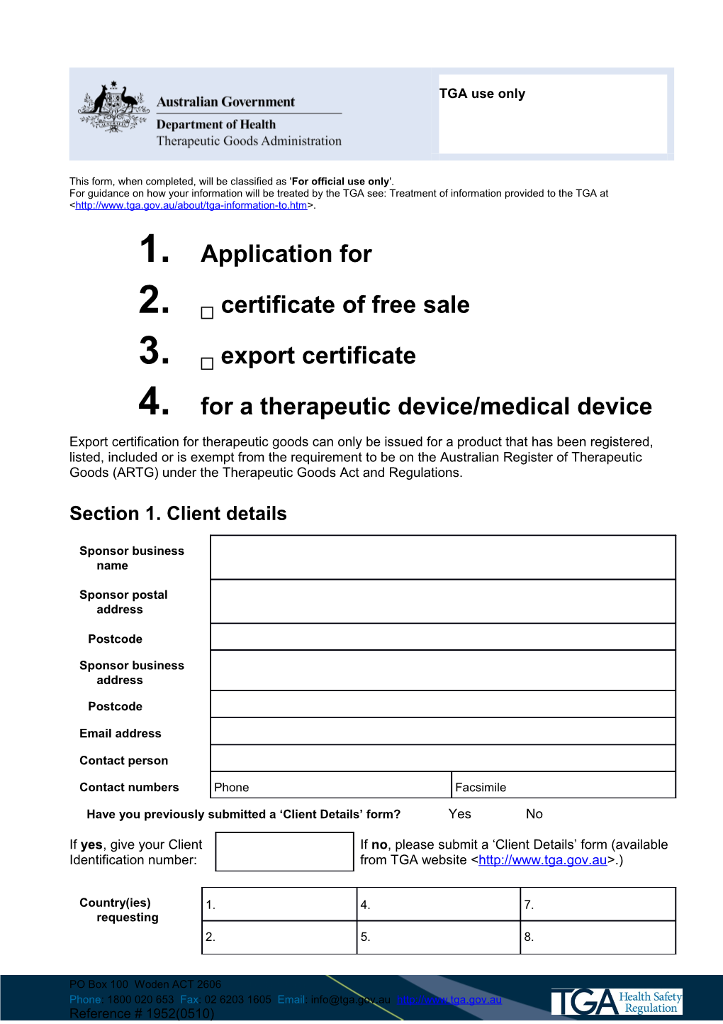 Application for Certificate of Free Sale Or Export Certificate for a Therapeutic Device/Medical