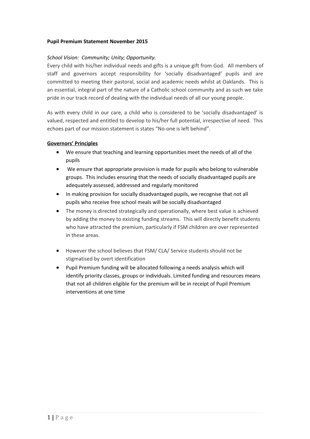 Pupil Premium Statement November 2015