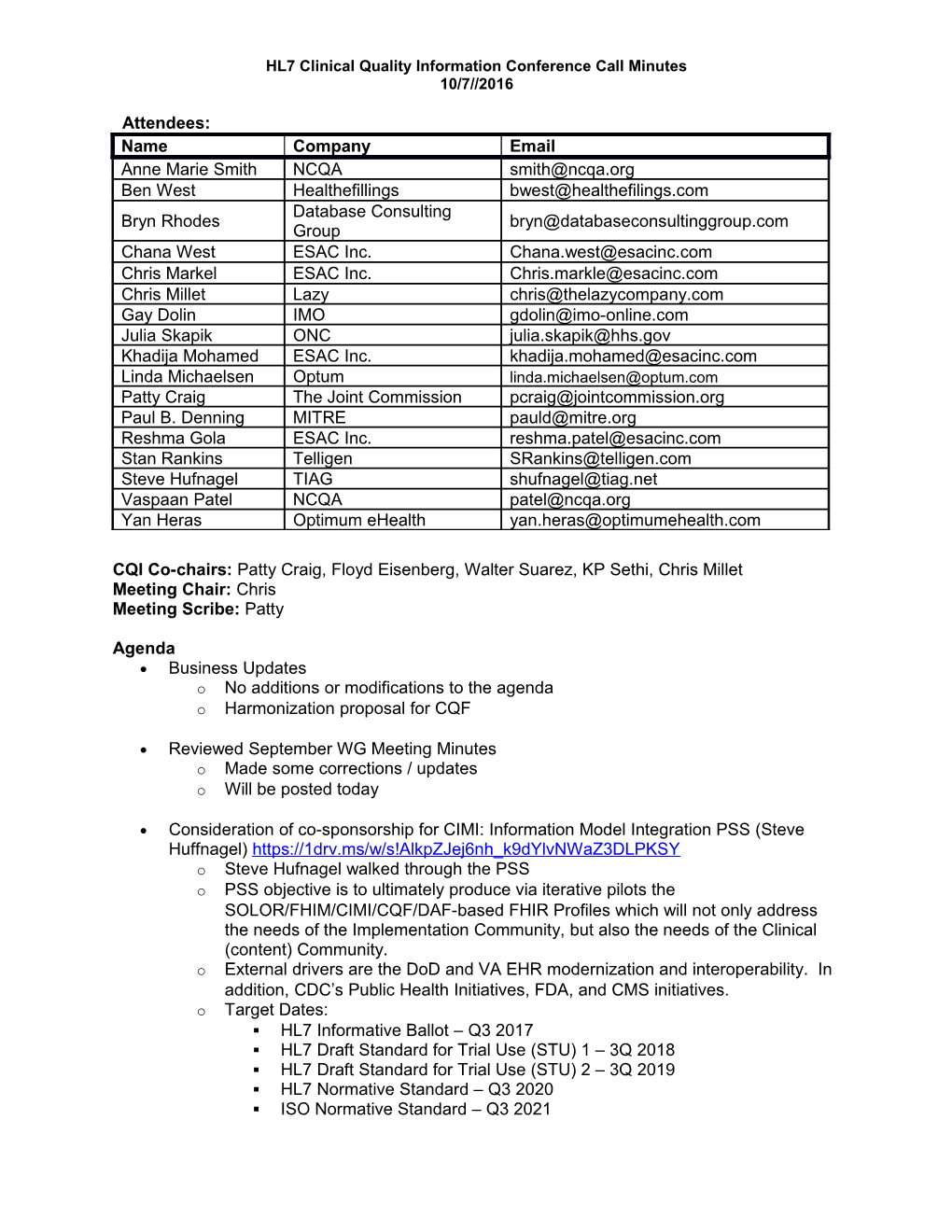 HL7 Clinical Quality Information Conference Call Minutes