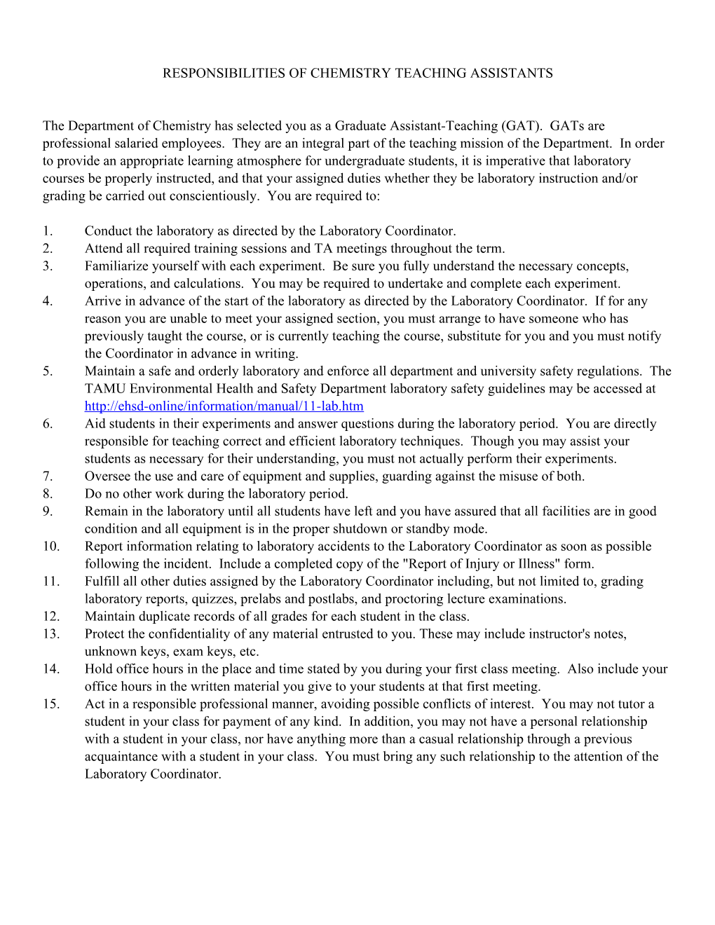 Responsibilities of Chemistry Teaching Assistants