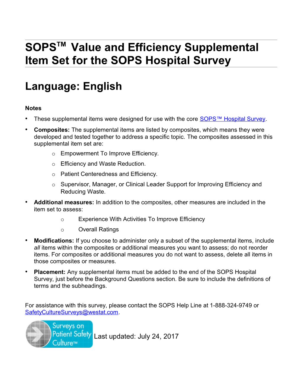 SOPSTM Value and Efficiency Supplemental Item Set for the SOPS Hospital Survey