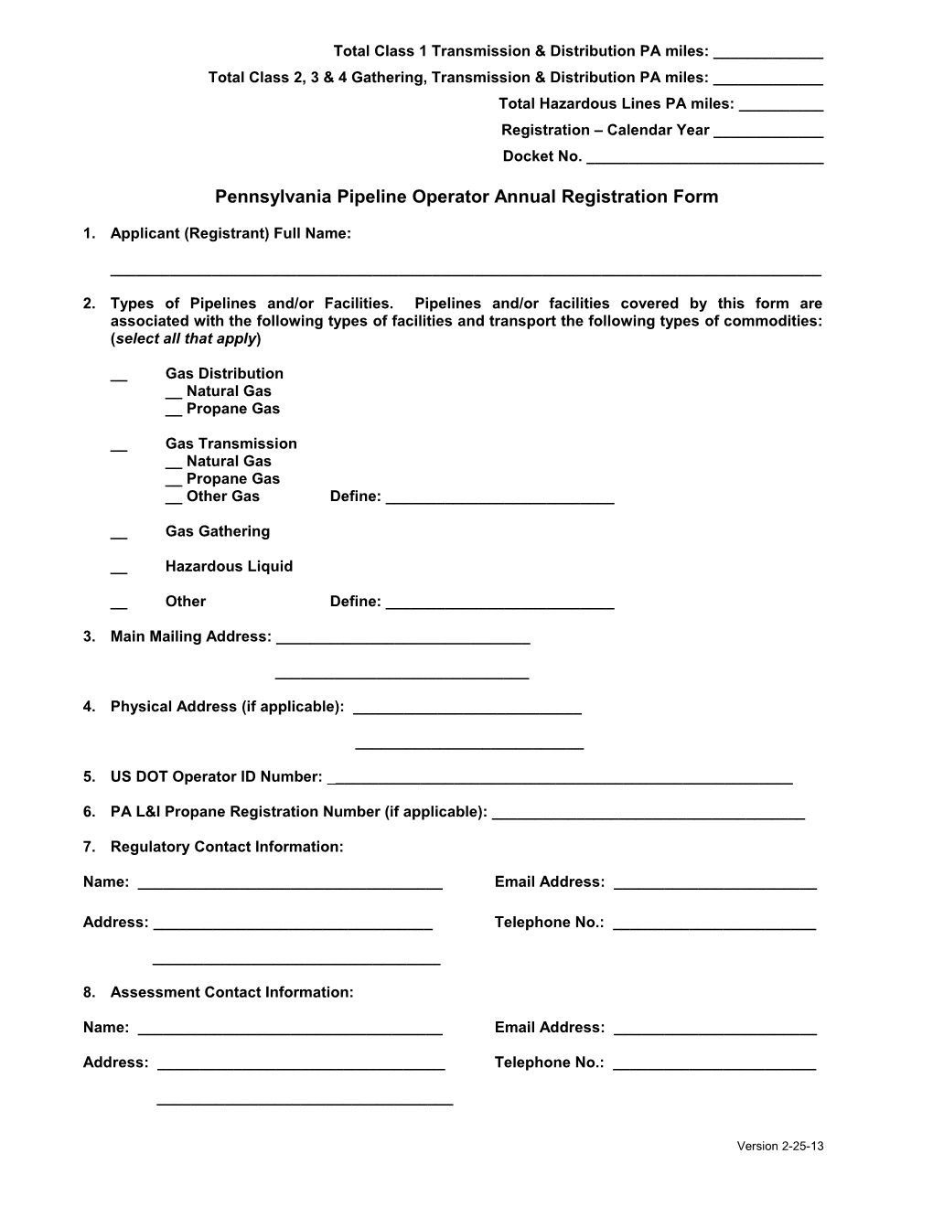 Pennsylvania Pipeline Operatorannual Registration Form