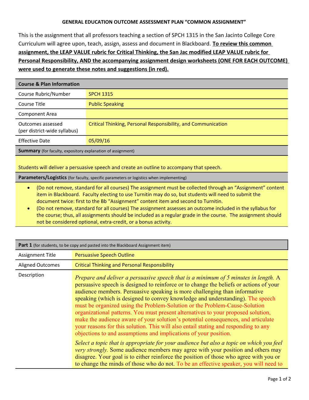 General Education Outcome Assessment Plan Common Assignment