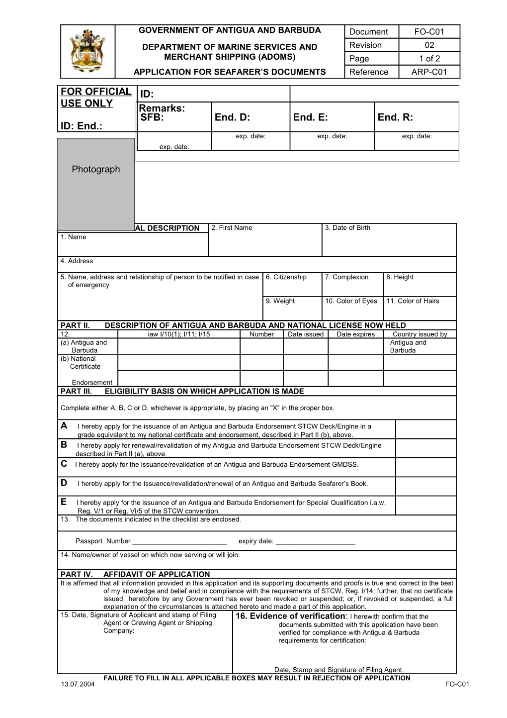 Application for Seafarer's Documents