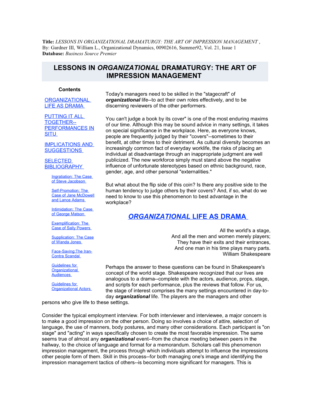 Title: LESSONS in ORGANIZATIONAL DRAMATURGY: the ART of IMPRESSION MANAGEMENT , By: Gardner