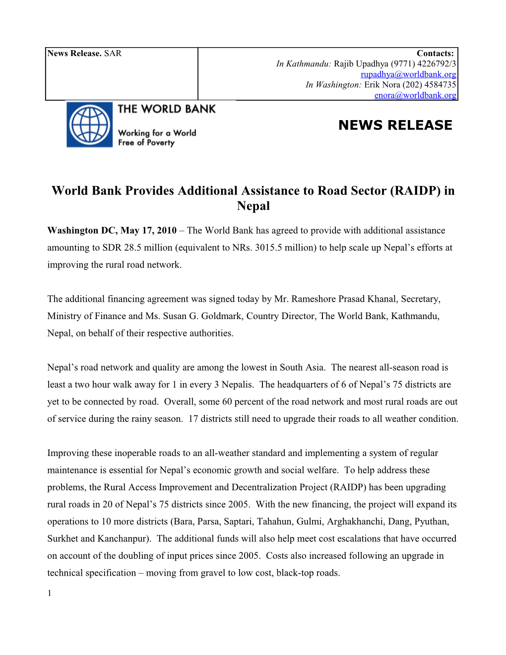 World Bank Provides Additional Assistance to Road Sector (RAIDP) in Nepal
