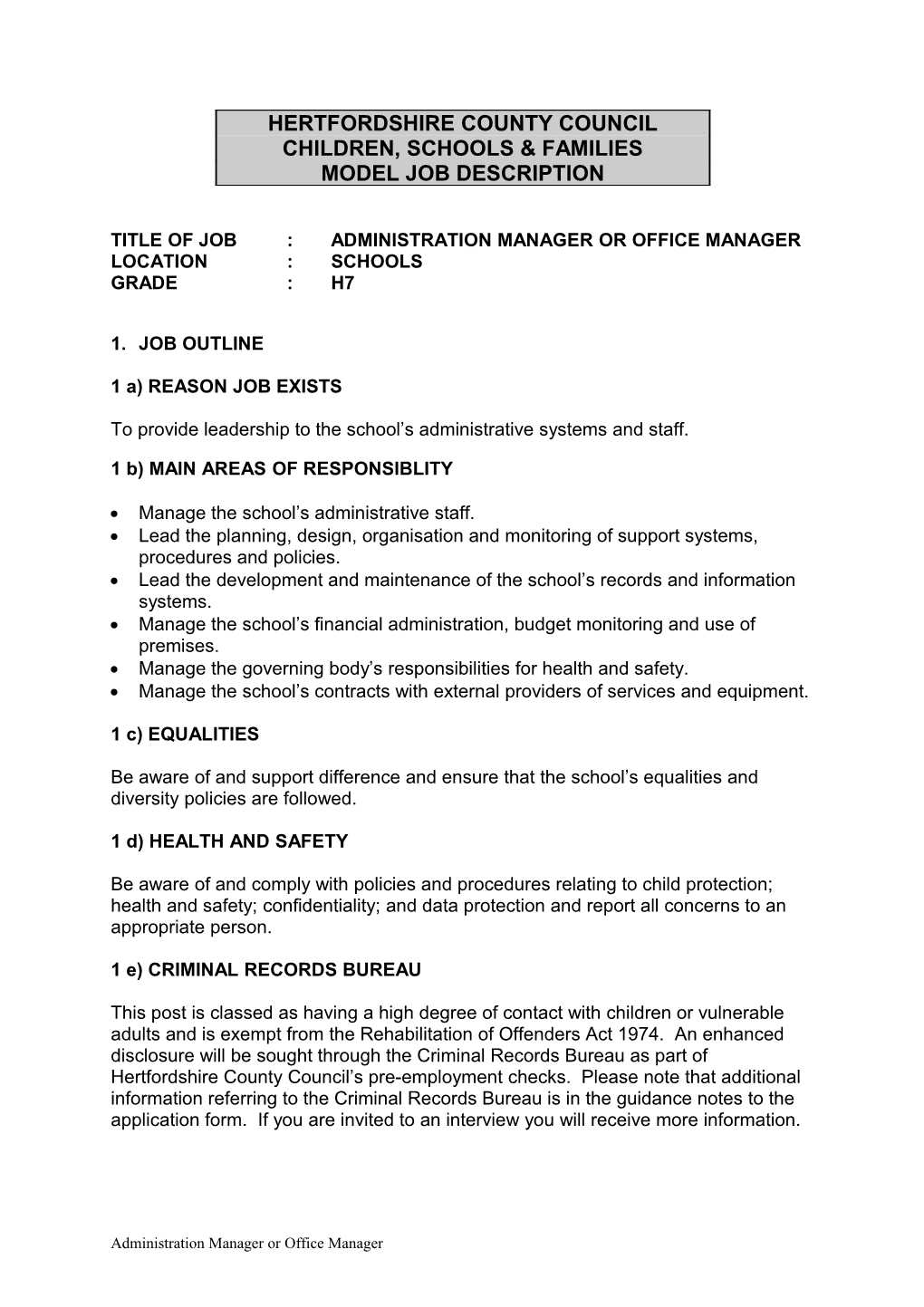 Model Job Description - Administration Manager Or Office Manager - H7