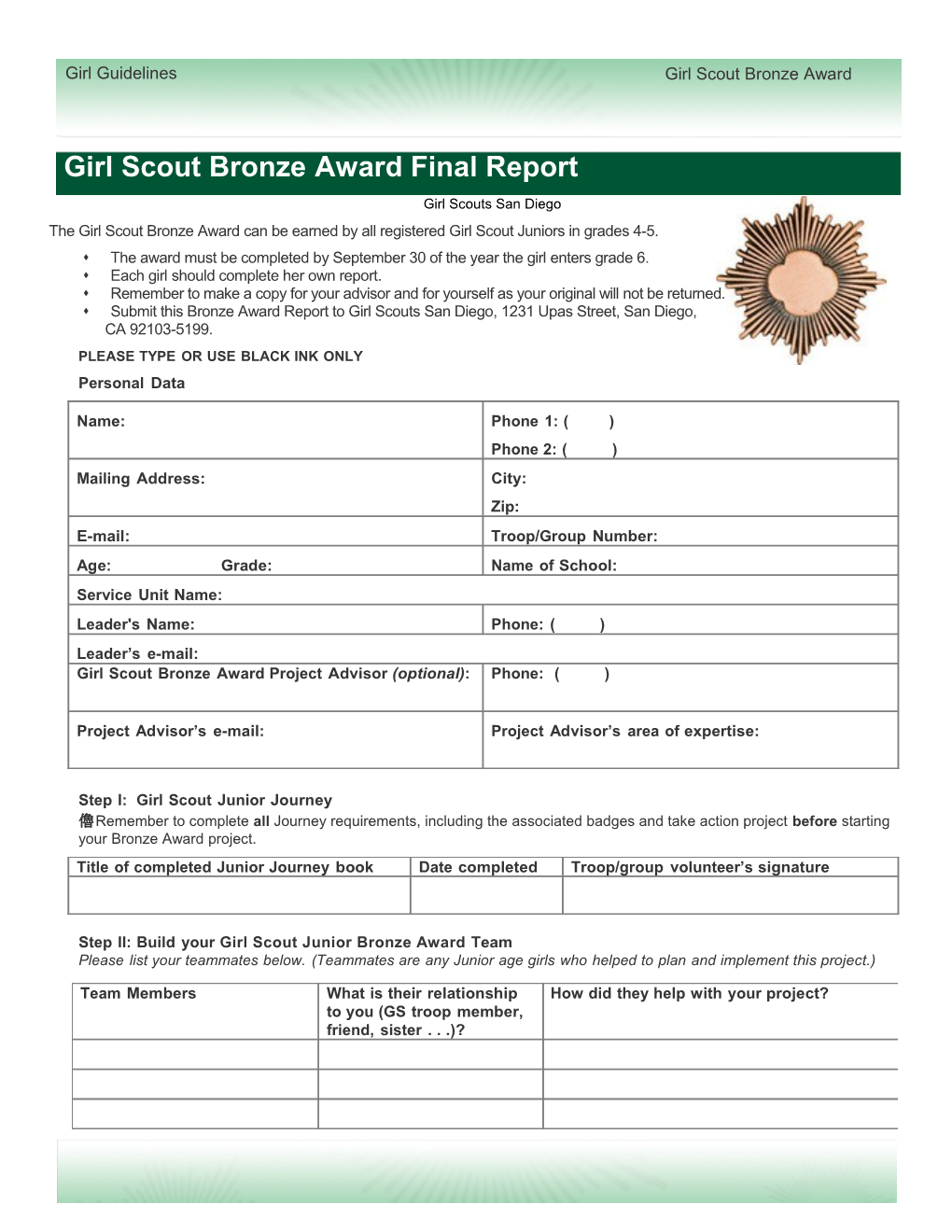 Girl Scout Bronzeaward Final Report