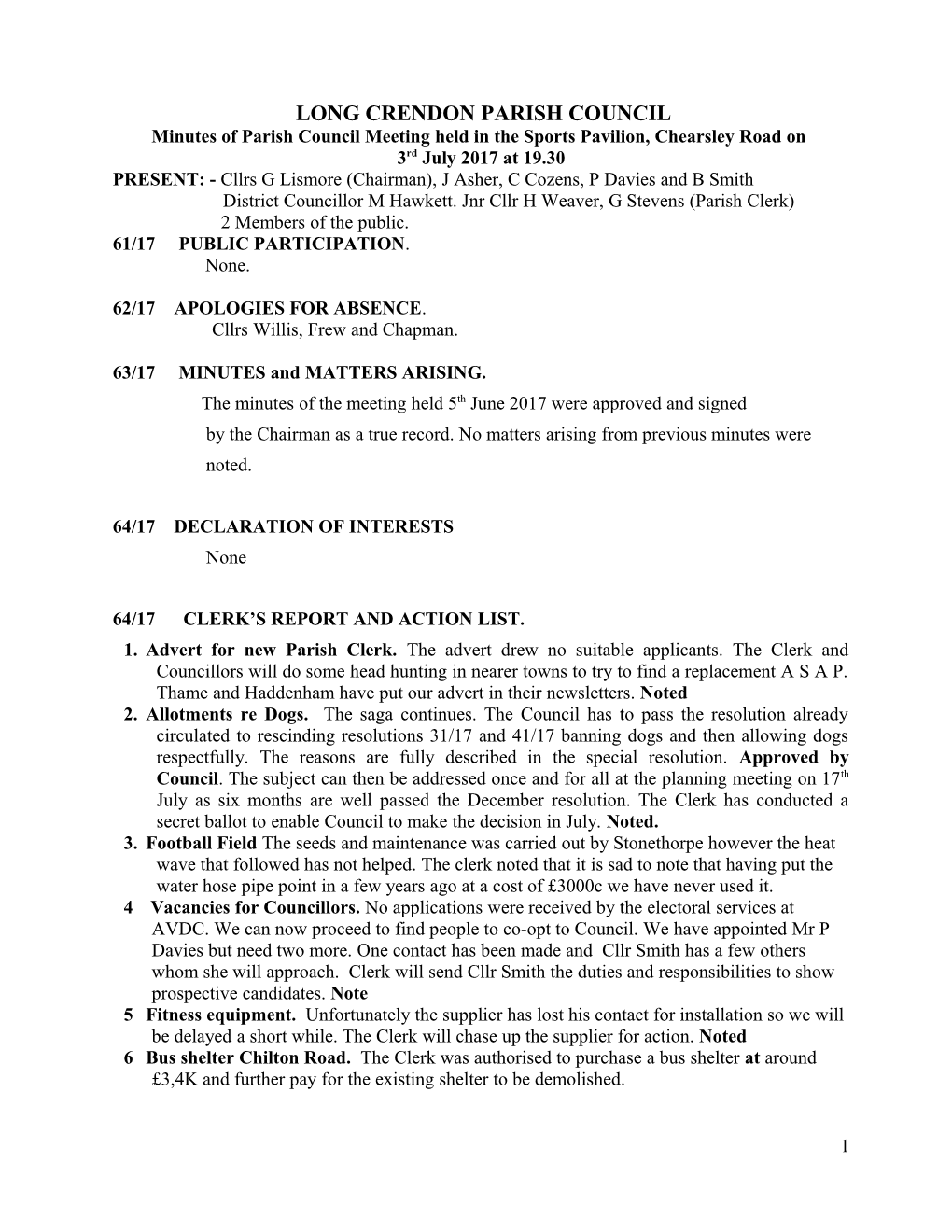 Minutes of Parish Council Meetingheld in the Sports Pavilion, Chearsley Road On