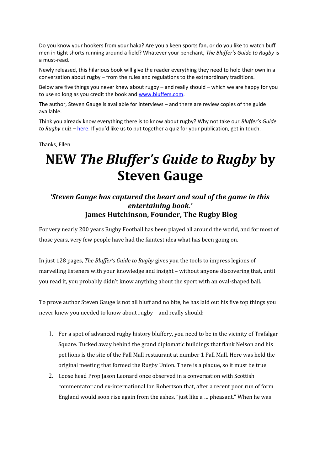 NEW the Bluffer S Guide to Rugby by Steven Gauge