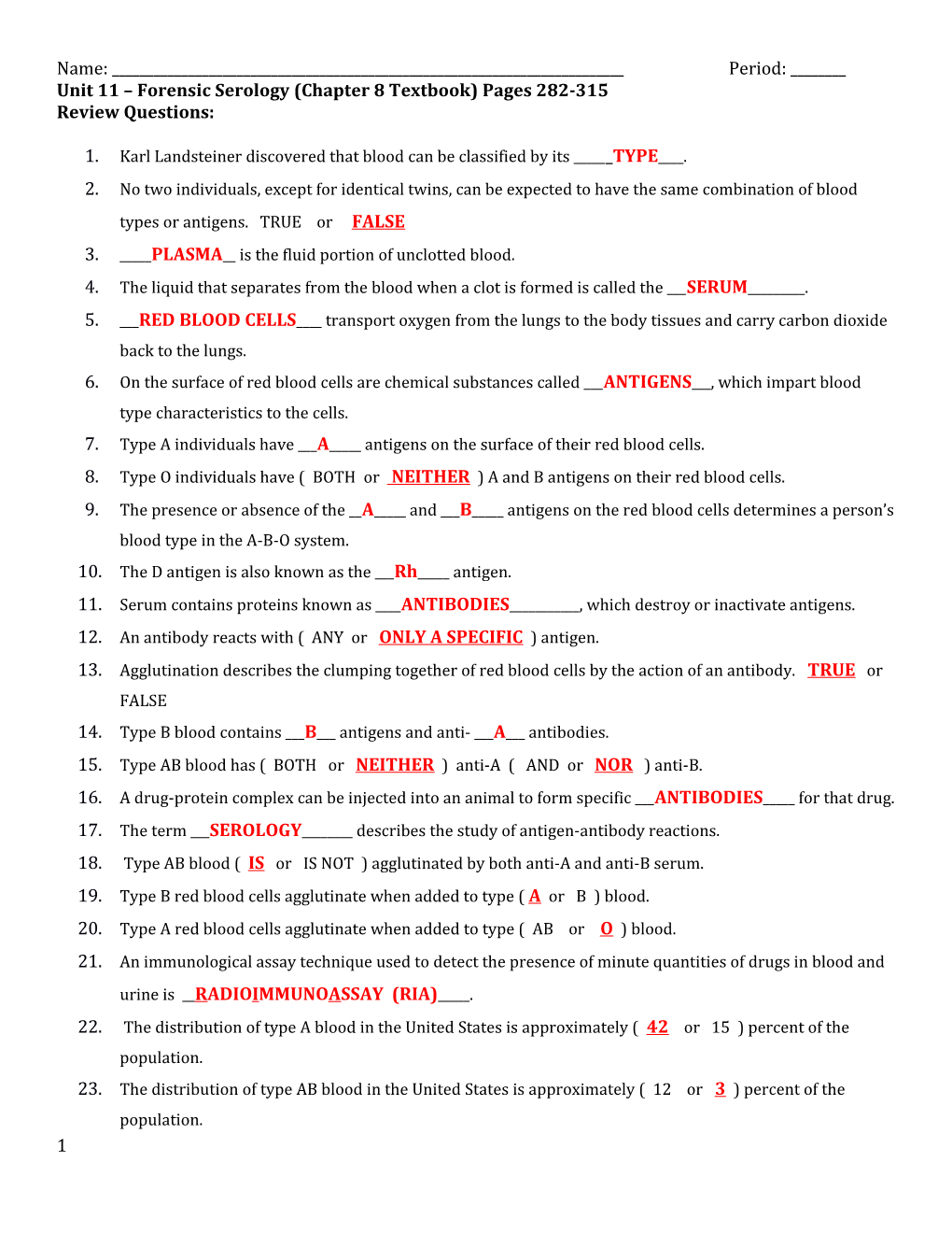 Unit 11 Forensic Serology (Chapter 8 Textbook) Pages 282-315