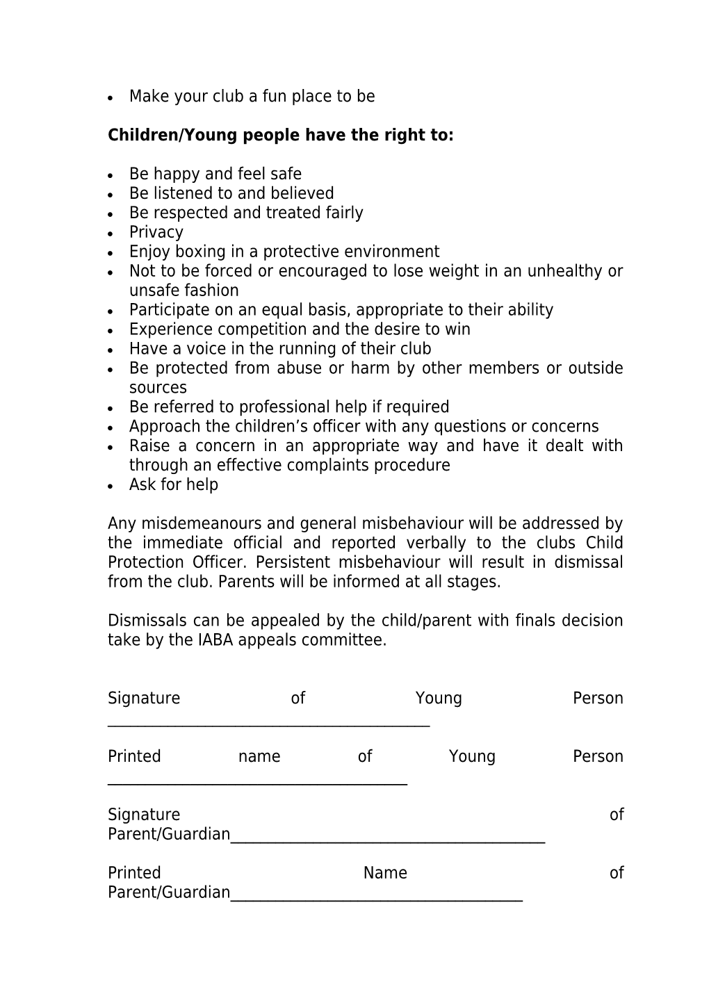 Code of Conduct for Young Boxers