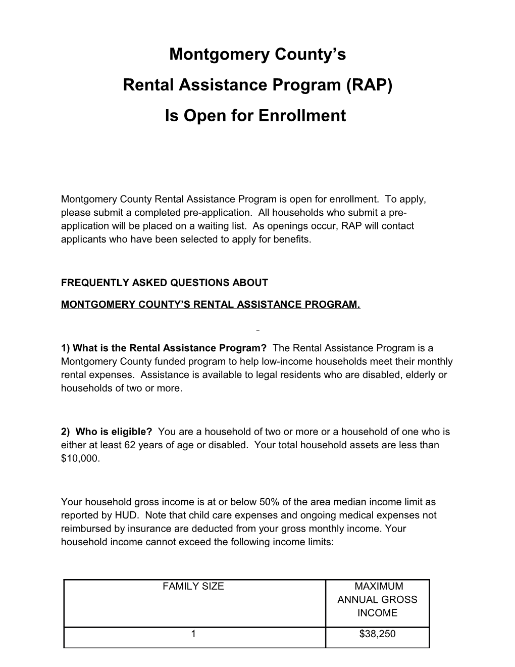 Montgomery County S Rental Assistance Program (RAP) Waiting List Will Open February 28, 2011