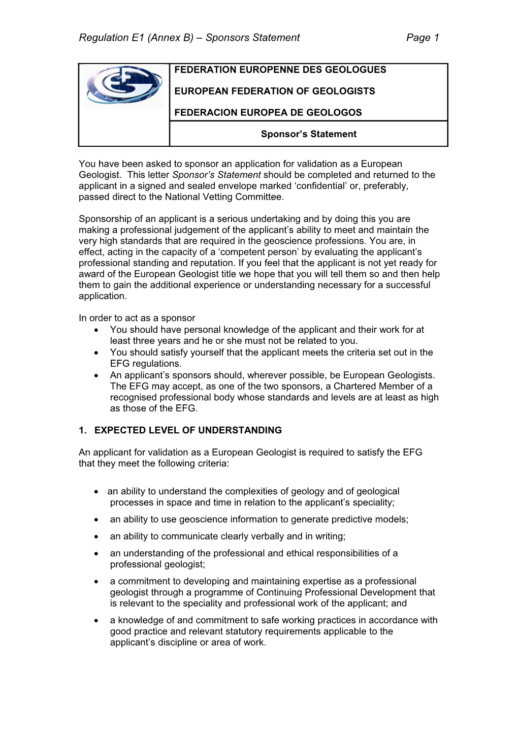 Regulation E1 (Annex B) Sponsors Statementpage 1