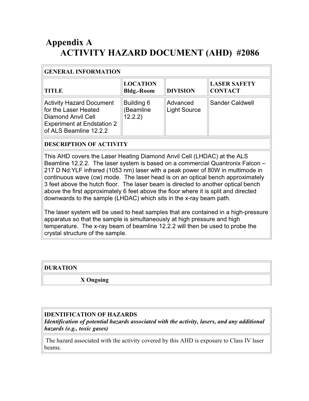 Appendix AACTIVITY HAZARD DOCUMENT (AHD) #2086