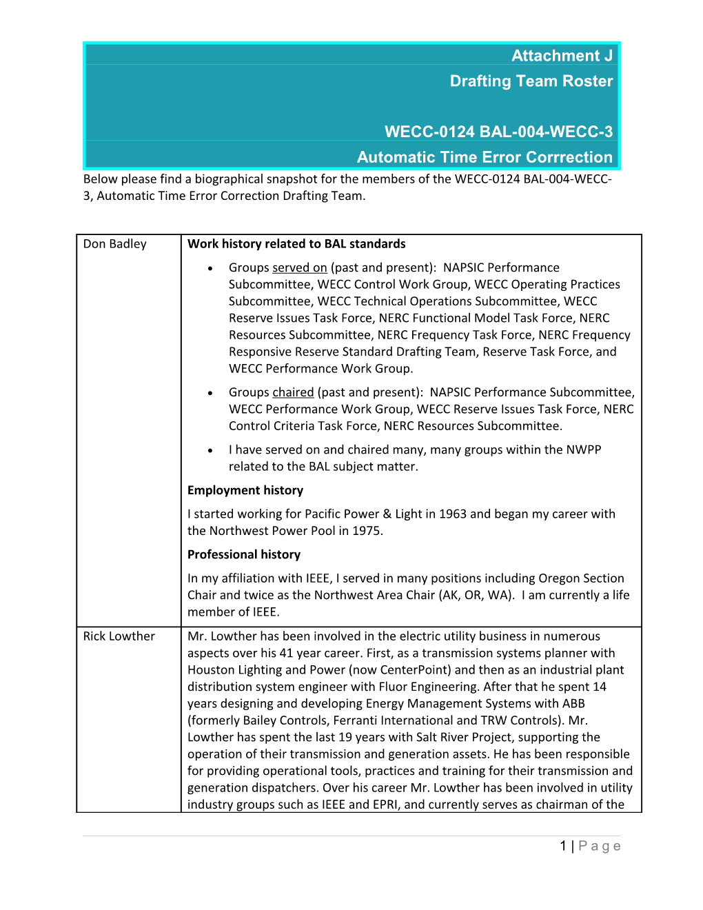 WECC-0124 ATEC R1 Modification Attachment J Drafting Team Roster with Biographies