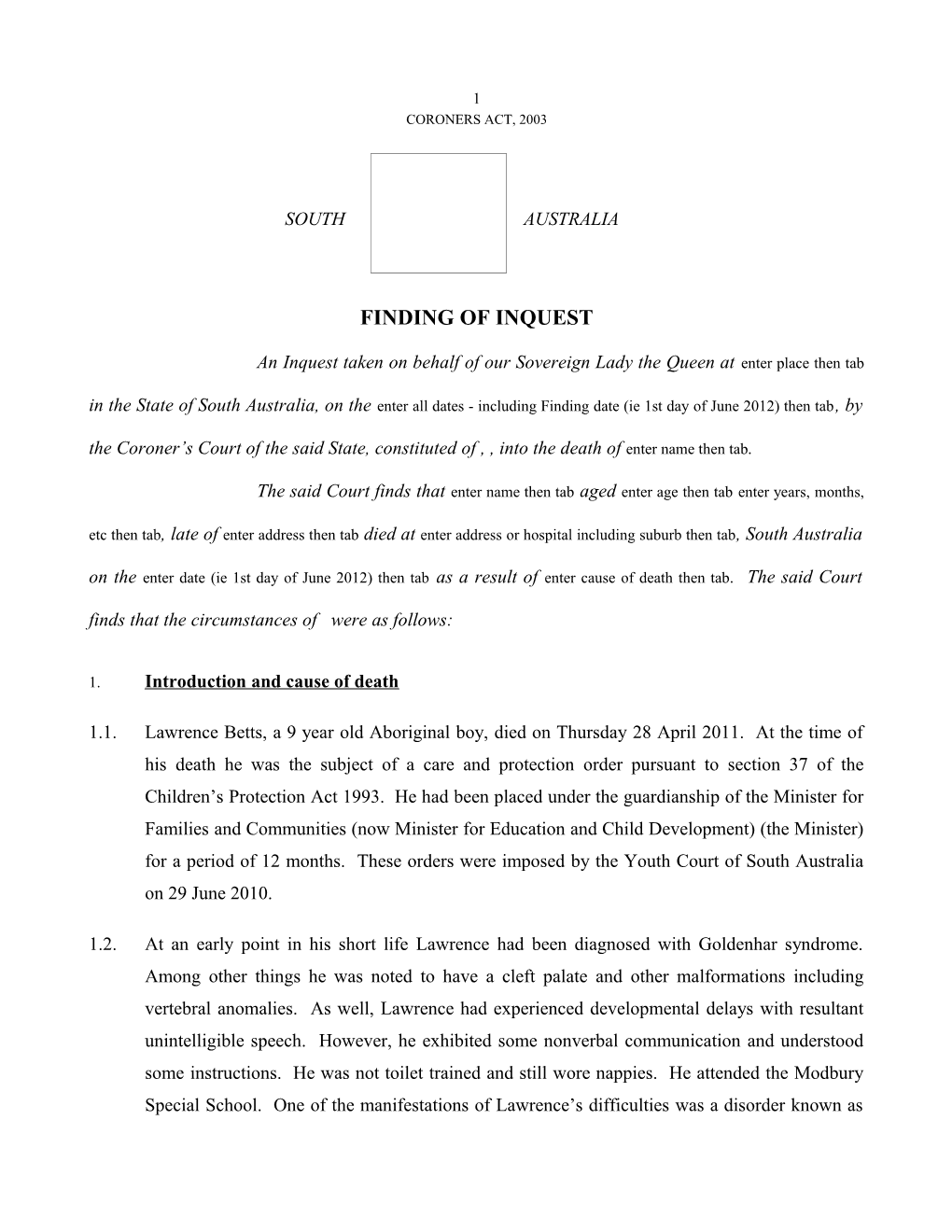 Finding of Inquest - Lawrence Betts