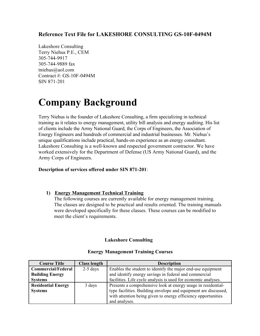 Reference Text File for LAKESHORE CONSULTING GS-10F-0494M