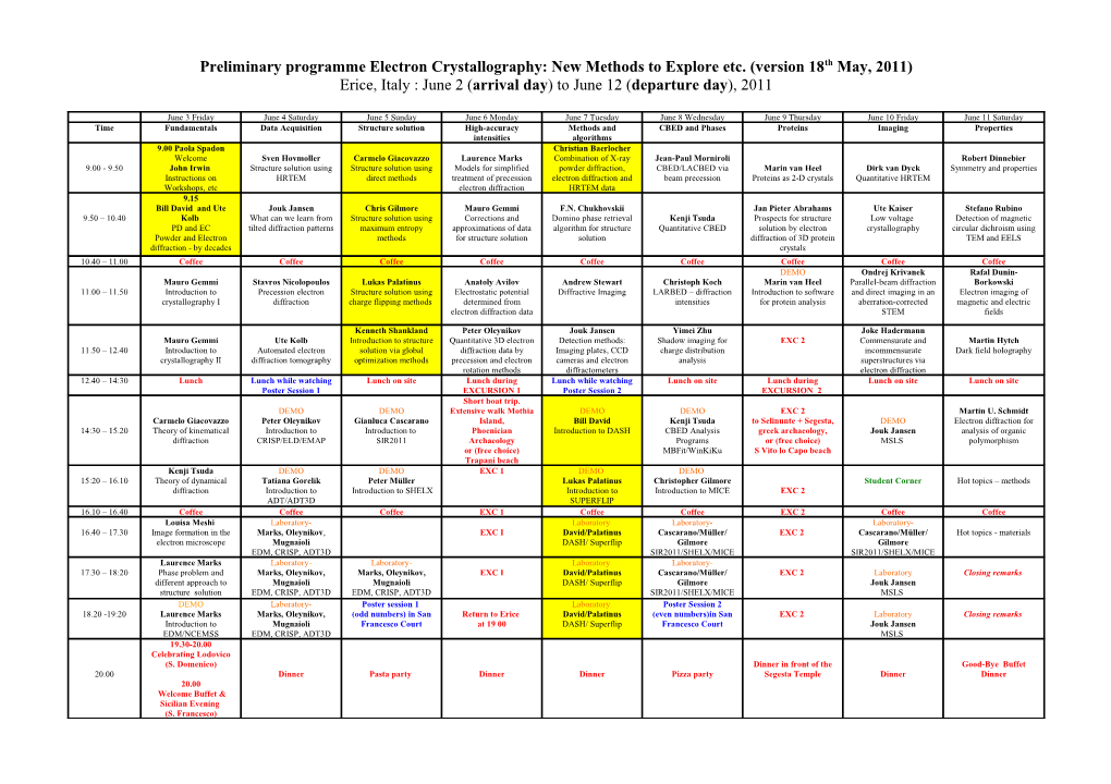 Preliminary Programme Electron Crystallography: New Methods to Explore Etc. (Version 18Th