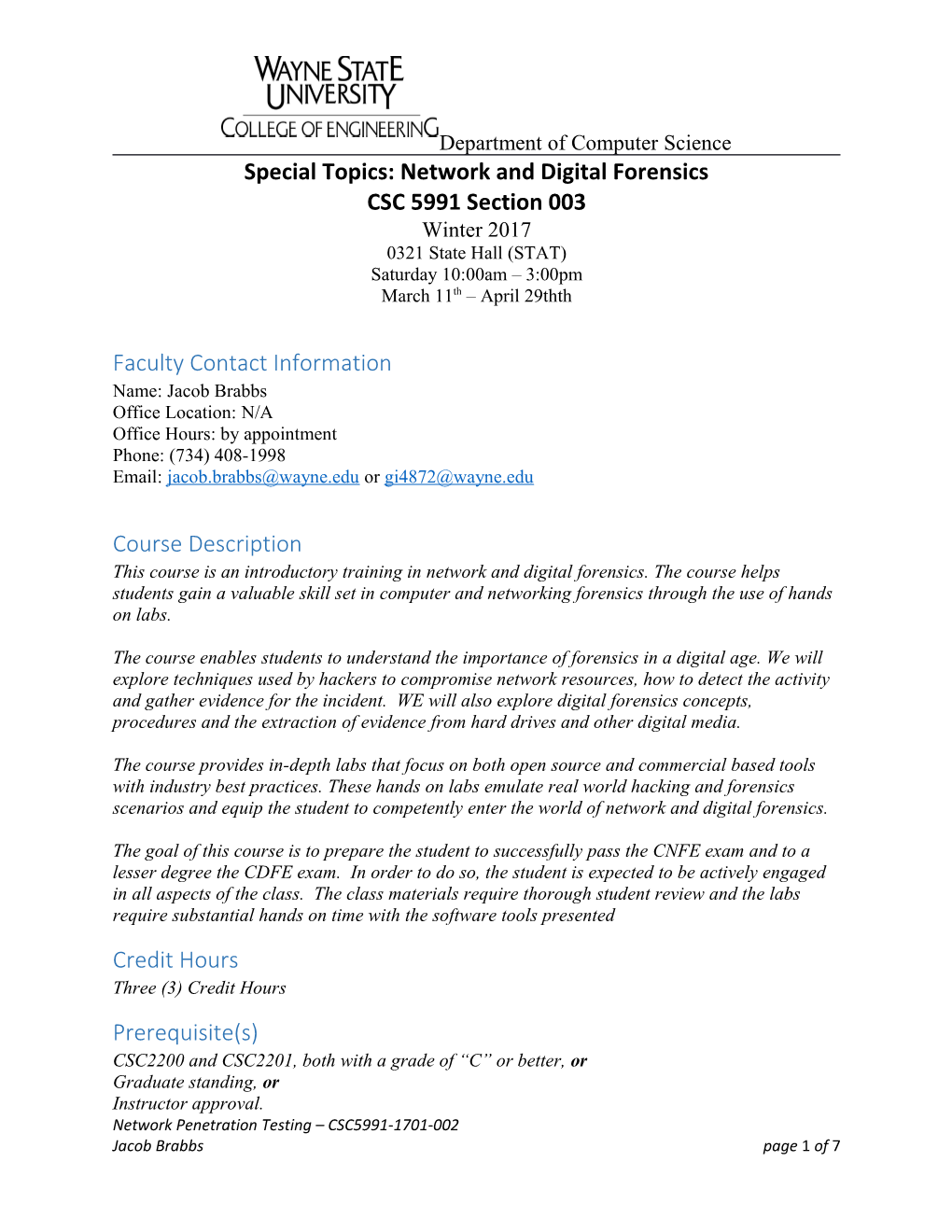 Special Topics: Network and Digital Forensics