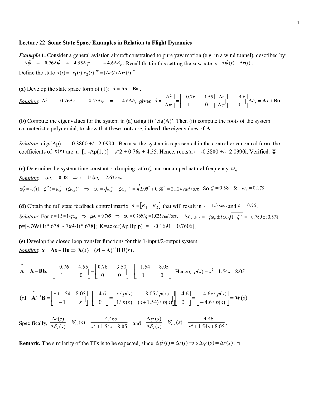 Lecture 22 Some State Space Examples in Relation to Flight Dynamics