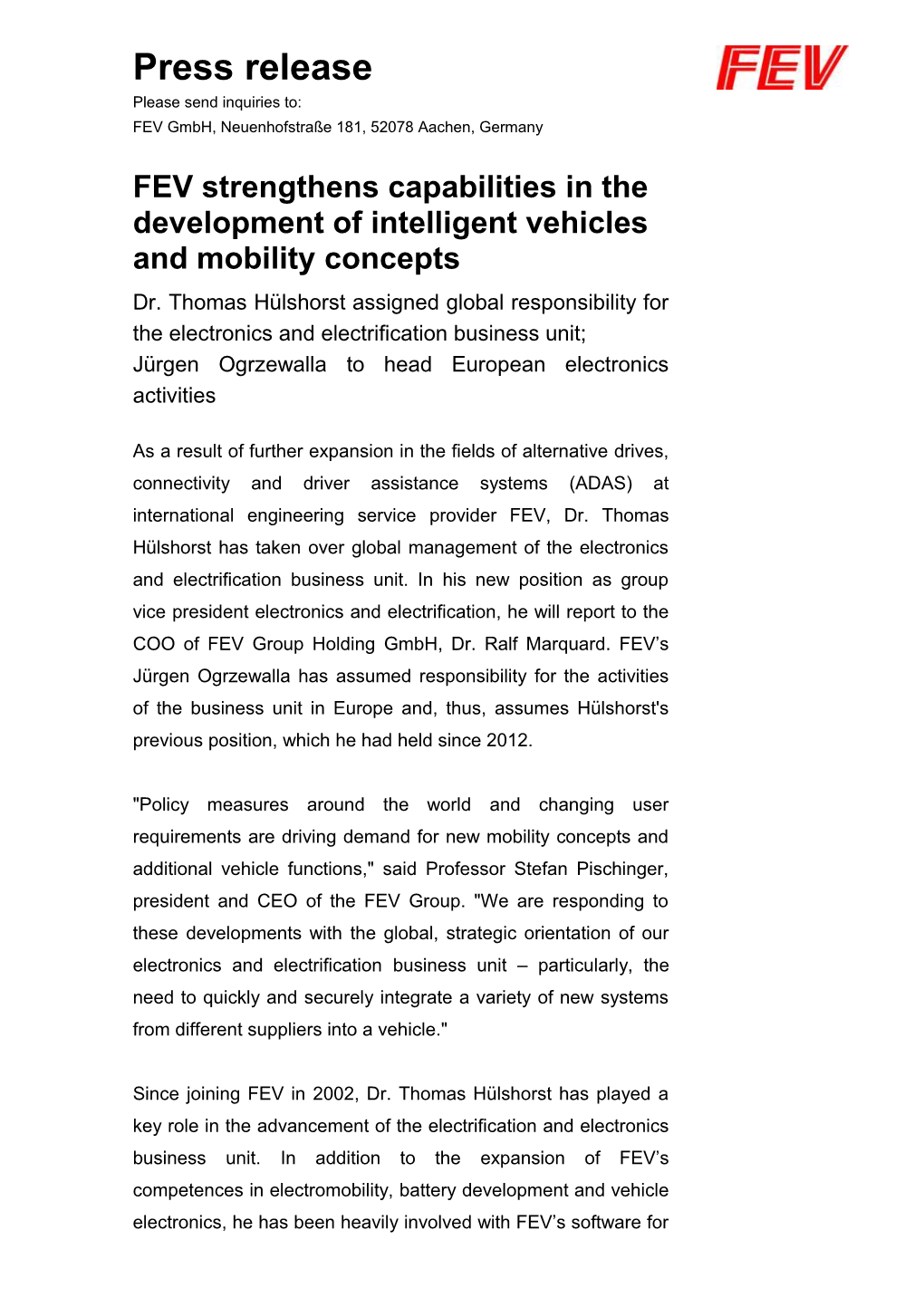 FEV Strengthens Capabilities in the Development of Intelligent Vehicles and Mobility Concepts