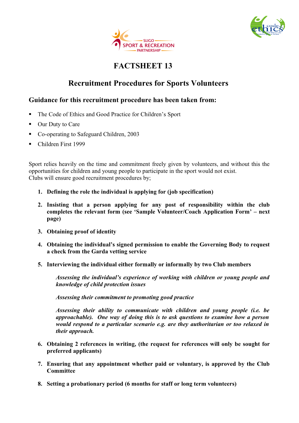 Recruitment Procedures for Sports Volunteers