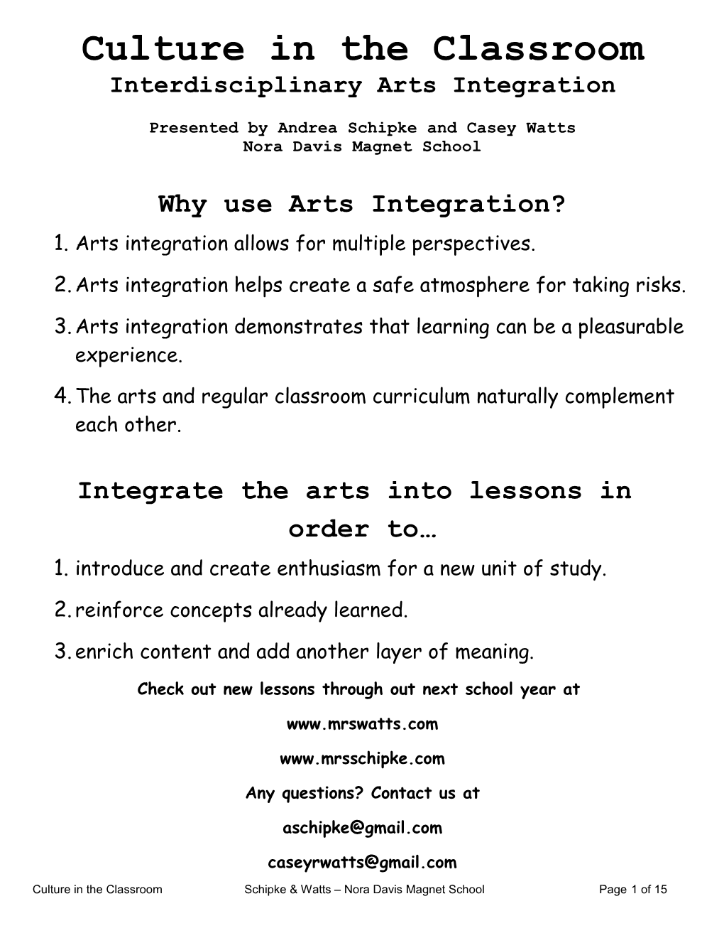 Nora Davis Magnet School Arts Integration Lesson