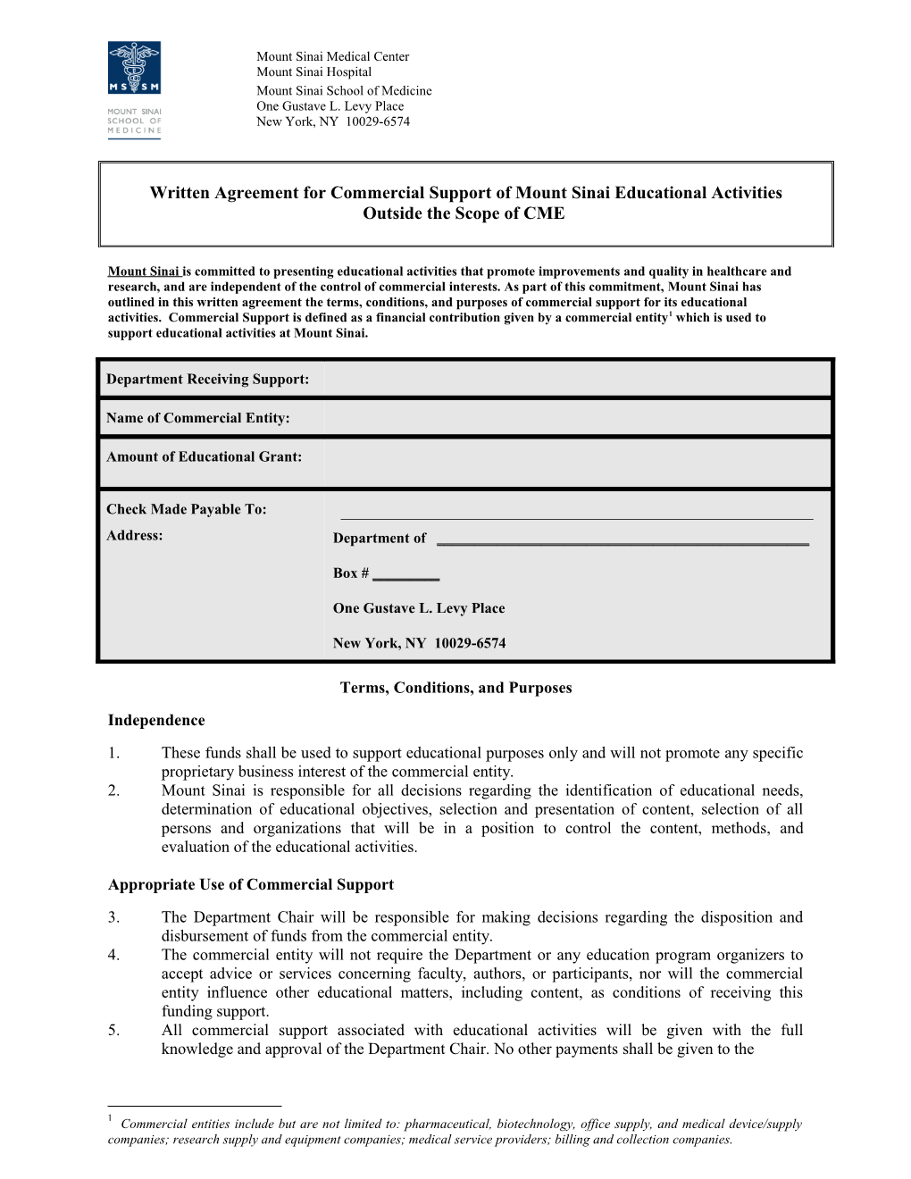 Written Agreement for Commercial Support of Mount Sinaieducationalactivities