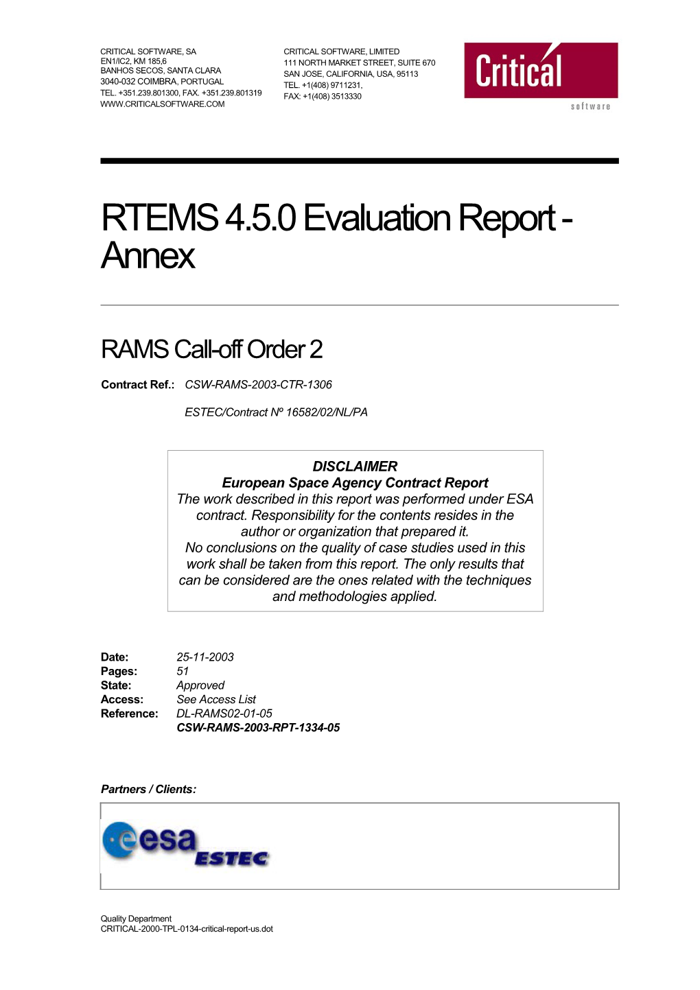 CSW-RAMS-2003-RPT-1334-05RTEMS 4.5.0 Evaluation Report - Annexrams Call-Off Order 225-11-2003
